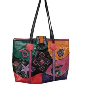 Vintage NAS Patchwork Leather Shoulder Purse Large Multiple Pockets